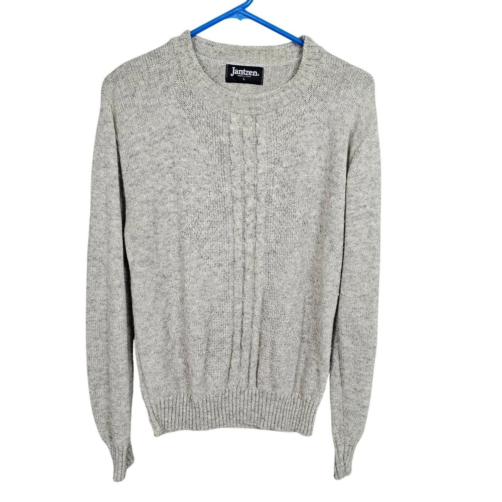 Jantzen Vintage Mens Grey Cable Knit Crewneck Sweater Made in USA Size Large‎
